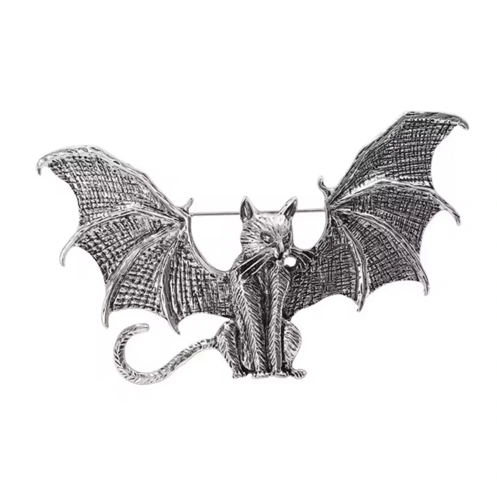 Vintage Wings Bat Cat Silver Brooch